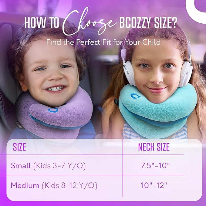 BCOZZY Kids Chin Supporting Travel Pillow for Ages 3–7- Patented Soft Neck Pillow for Head and Chin Support in Car Seat and Airplane. Comfortable Travel Essential. Small Size, Bag, Unicorn