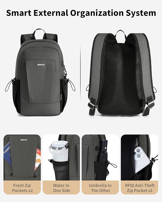 ECOHUB Mini Anti-Theft RFID Backpack for Women and Men, Water-Resistant, Lightweight Travel Daypack with iPad Sleeve, Key Holder, 9 Pockets, Daily Short Trips, Grey