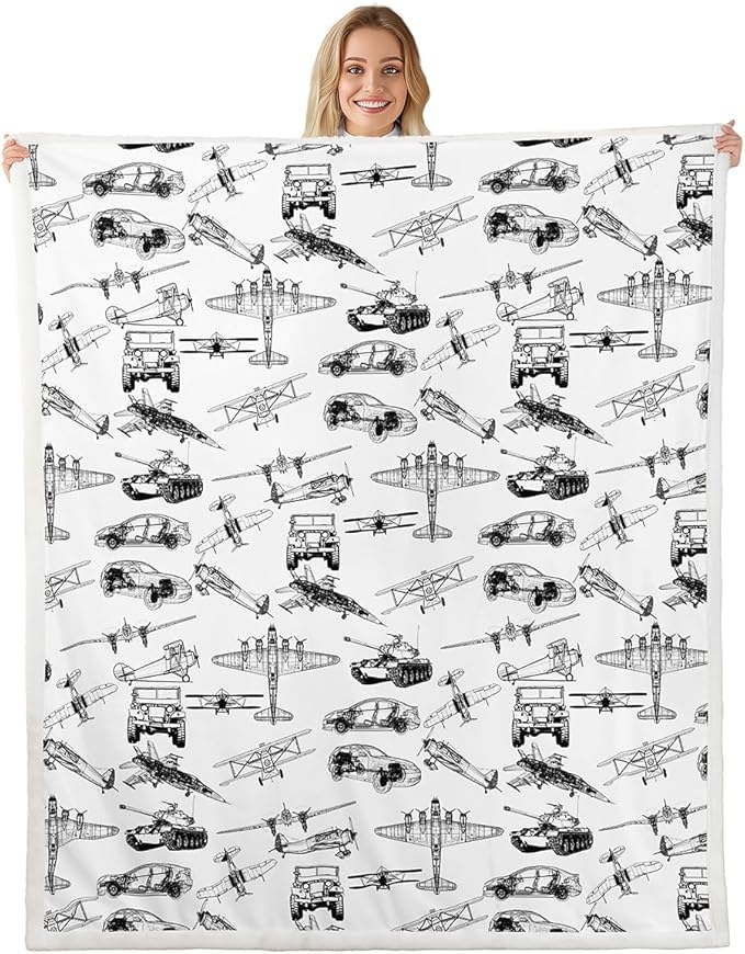 Airplane Kids Throw Blanket,American Aircraft Tank Toddler Bed Blanket for Girls Boys Adults,Hand-Painted Sketch Racing Car Fleece Blanket,Black White Fuzzy Blanket,Twin Size (60 x 80 Inches)