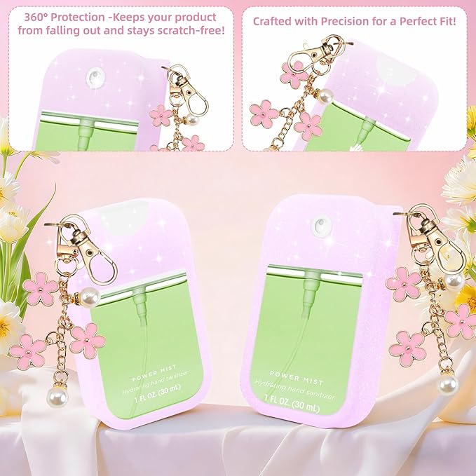 Silicone Case Compatible with Touchland Hand Sanitizer Spray Mist 1 oz with Flower keychain