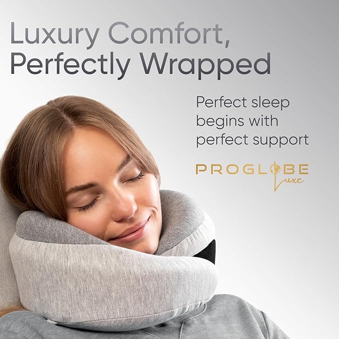 Proglobe Luxe Memory Foam Travel Neck Pillow for Airplanes, Ergonomic 360° Neck and Chin Support, Organic Cotton Cover, Compact Compression Bag, Light Gray