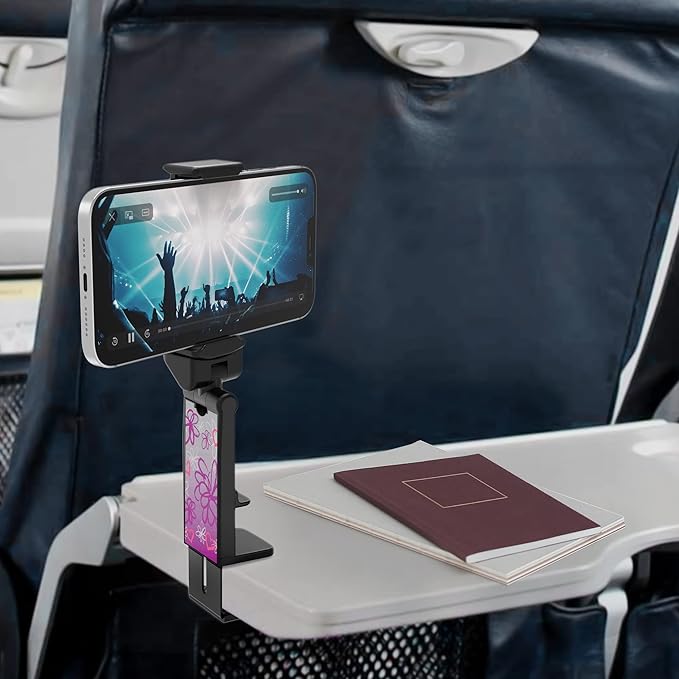 Beyond Cell Travel Accessories, Universal Seat Back Tray Table Hands Free Phone Clip Holder, Adjustable Pocket Size Airplane Travel Essentials Compatible with iPhone and Android Daisy Heart