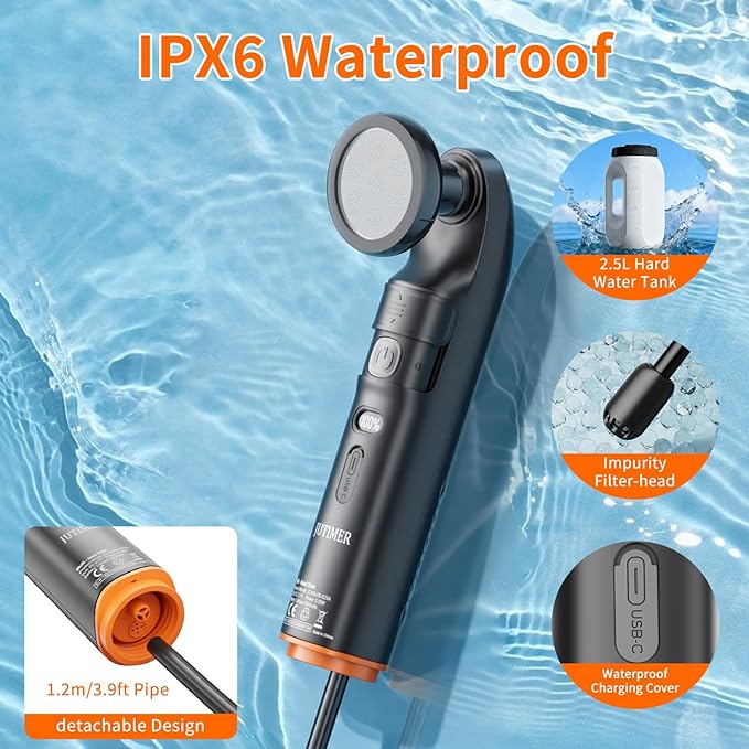 Portable Bidet & Shower for Travel, JUTIMER 2.5L&1600mAh Rechargeable Camping Shower, 2 Showerheads Bidet Sprayer, 2 Modes Waterproof Handheld Bidet, Outdoor Shower Kit for Hiking, Travel
