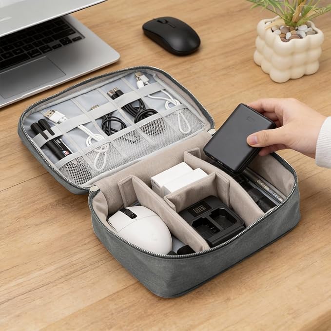 Cable Organizer bag for women or men,Electronic Accessories Carry Case Portable Waterproof Double Layers All-in-One Storage Bag for Cord, Charger, Phone, Earphone (Grey)
