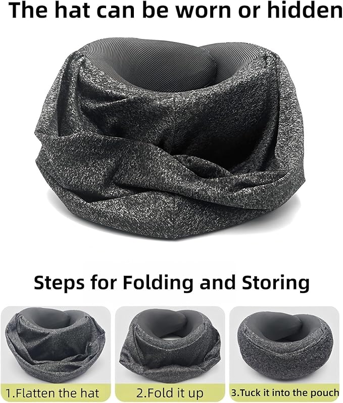 Travel Neck Pillow with Extra Large Hood Rollable Airplane Hooded Neck Pillow with Memory Foam Filling and Removable, Skin-Friendly Cover with a Carrying Pouch (Cationic)