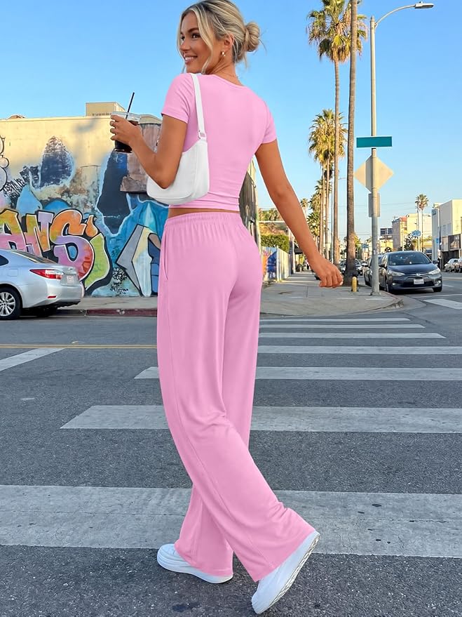Trendy Queen 2 Piece Matching Summer Lounge Set Womens Side Ruching Top Wide Leg Pants Sets with Pockets