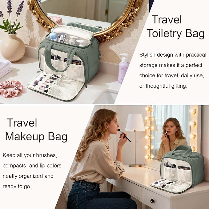 Bagstellar Travel Toiletry Bag for Women, Lightweight Large Quilted Puffy Makeup Bag Wide-open Make up Organizer Cloud Cosmetic Bag w/Handle for Traveling Toiletries Essentials Accessories Sage Green