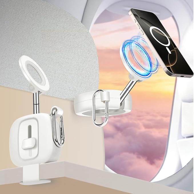 koolehaoda Airplane Phone Holder for Magsafe Air Plane Travel Essentials Magnetic Phone Mount Compatible with iPhone 17-12 Galaxy Mag-Safe Case, Handsfree for Long Flight Flying - White