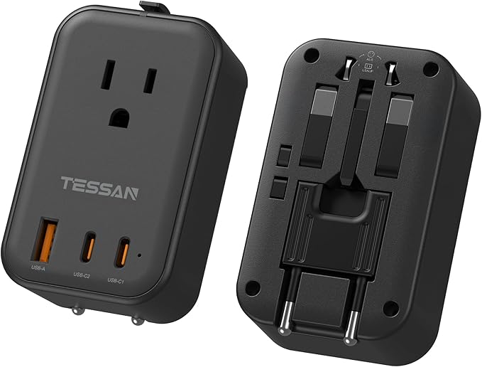 TESSAN International Power Adapter PD 20W, Ultra Thin Universal Adapter, Worldwide Outlet Plug with 2 USB C 1 USB A for US to Europe UK Spain Australia France Germany Thailand (Type C G A I), Black