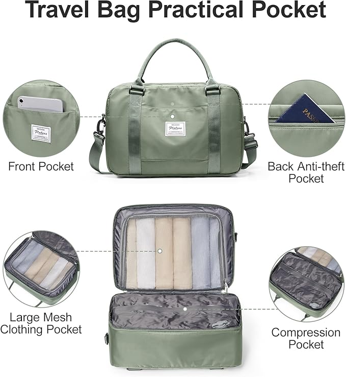 Vacuum Travel Bag for Women with Air Pump, Personal Item Carry on Bags with Seal Compression Pocket for Airlines, Weekender Overnight Bag for Women with Toiletry Bag，Green