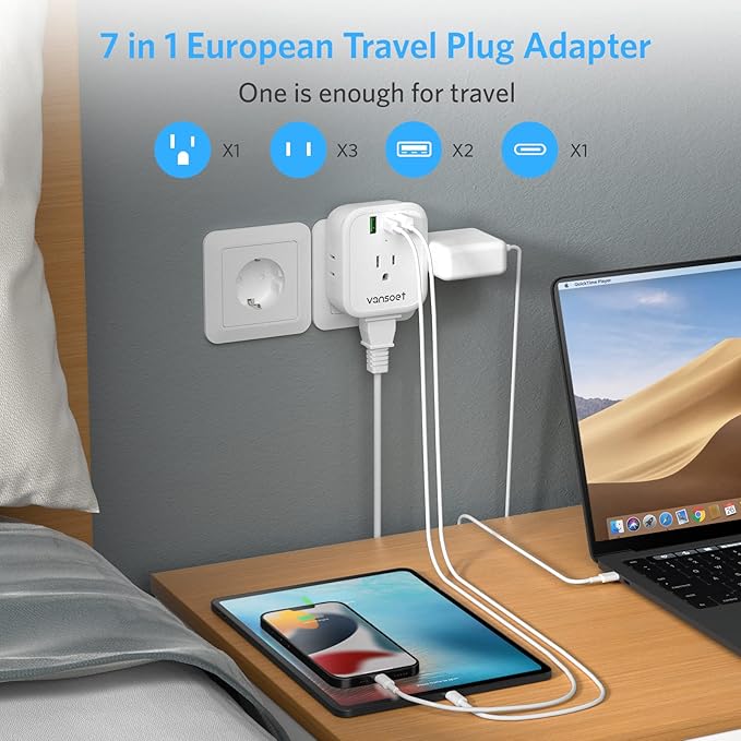 [2-Pack] European Travel Plug Adapter, International Power Plug Adapter with USB C 20W 4 Outlets 3 Fast Charge Ports (PD&QC), Type C Plug Adapter Travel Essentials to Europe Spain Italy France Germany