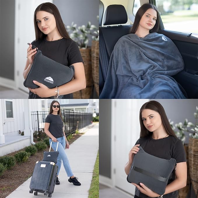BlueHills Soft Long Travel Blankets 70X48 inches Large Plush Value Pack of 3 - Premium Airplane Essential Flight Throw in a Bag Compact for Plane Travel Gift – Gray, Navy Blue and Beige