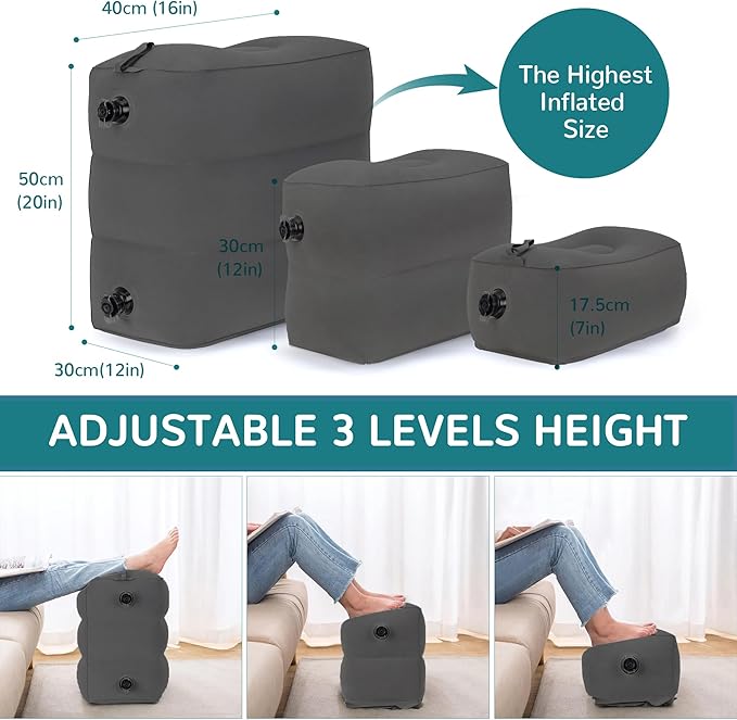 Inflatable Travel Foot Rest Pillow, Adjustable 3 Layers Height Leg Rest Pillow, Kids Airplane Bed, Adults Travel Essentials on Plane, Trains, Cars, Office, Home (Dark Grey, 1 PC)