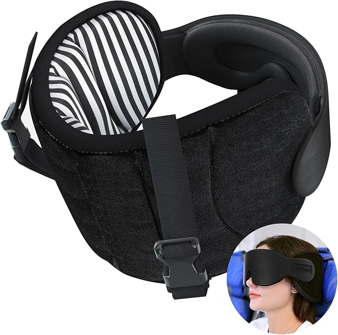 SARISUN Travel Pillows for Airplanes, Airplane Pillow for Long Flight Car Road Trip, Airplane Head Strap with Sleep Eye Mask, 360° Support Headrest, Stop Bobblehead Travel Neck Pillow, Stripe Black