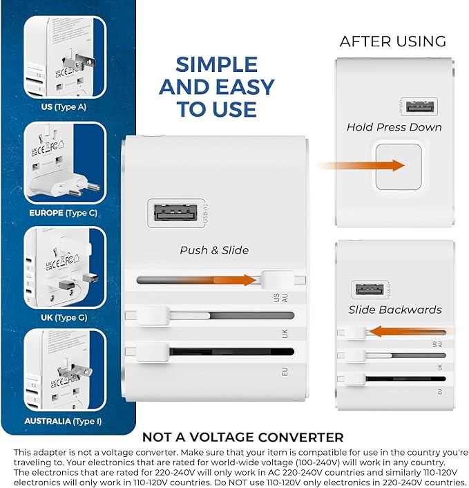 OREI 45Watt Universal Travel Adapter | 3X USBC 2XUSB A - 6-in-1 Universal Power Adapter | Universal Chargers for All Devices Compatible 150+ Countries | Type C, A, G, I Compatible