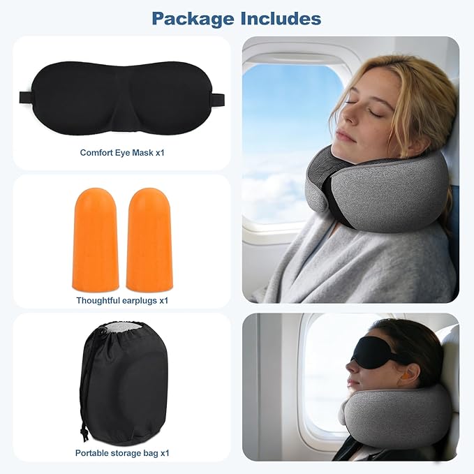 Memory Foam Travel Neck Pillow – Ergonomic Airplane Pillow with 360° Head Support | Includes Eye Mask & Ear Plugs | Ultra Portable Neck Pillow Airplane for Flights & Cars(Black)