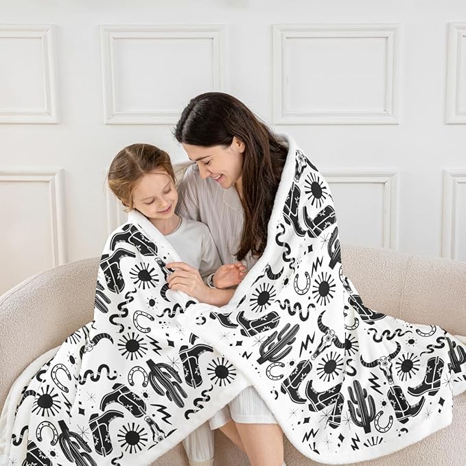 Western Cowboy Kids Throw Blanket,Horseshoe Cowboy Boots Cow Skull Bed Blanket for Girls Boys Adults,Sun Starry Sky Snake Fleece Blanket,Rustic Retro Fuzzy Blanket,Throw Size (50 x 60 Inches)