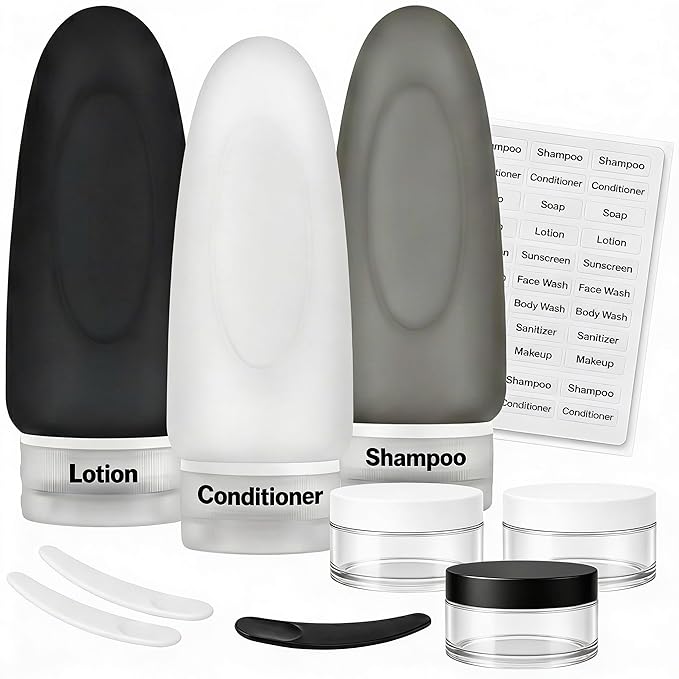 Dot&Dot Leak Proof Travel Bottles - Tubes for Liquid TSA Approved 3oz 10pc Silicone Toiletries Travel Shampoo & Conditioner Containers with Labels