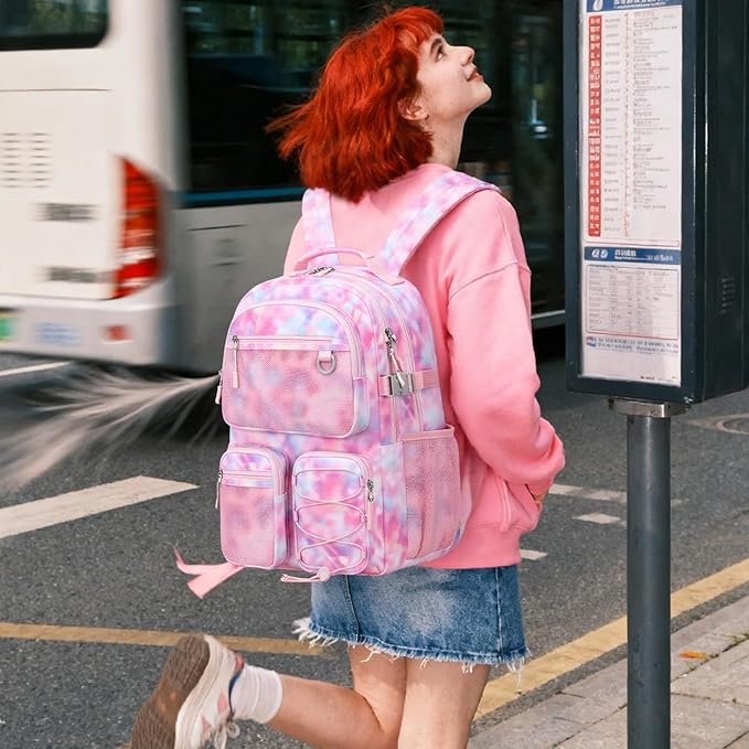 Lohol Multi-Pocket Backpack for School College Travel, Heavy Duty Big Bookbag with 15.6 inch Laptop Compartment (Pink Galaxy