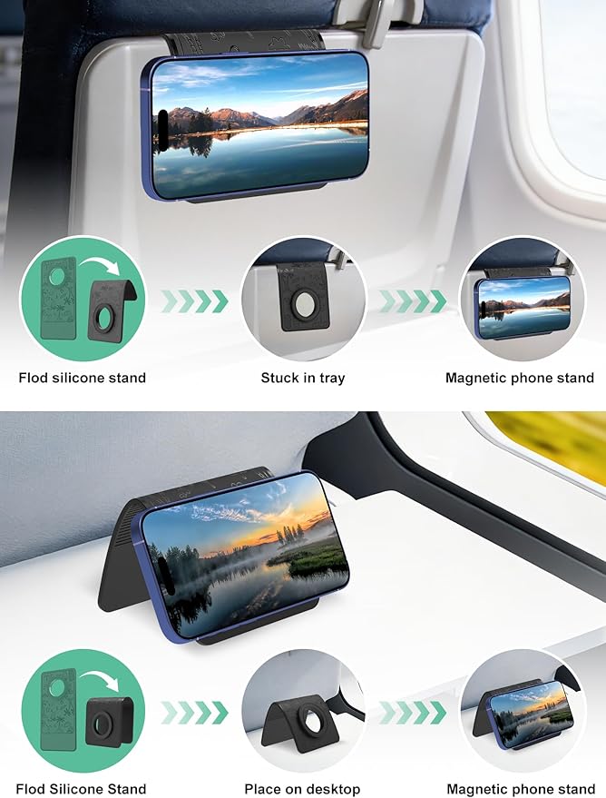 Magnetic Airplane Phone Holder, Travel Essentials Foldable Phone Stand for MagSafe, Universal Hands-Free Flexible Desk Stand for Plane, Office, Kitchen