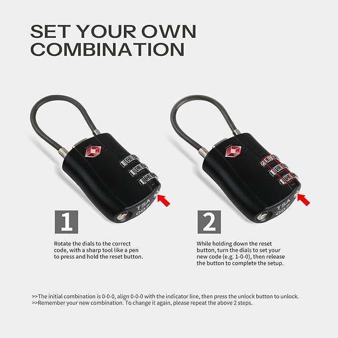 TSA Locks for Luggage, Small Padlock Combination with Cable, Luggage Locks TSA Approved, Combo Padlock with Code, for Travel Suitcase, Gym Locker, Gun Case, Backpack Zipper (Black)