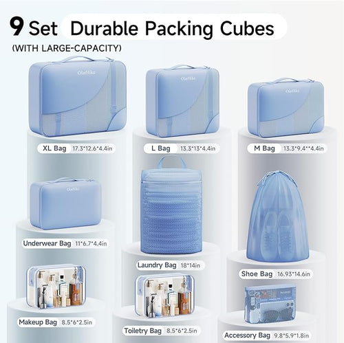 11 Set / 9 Set Packing Cubes for Travel,Gifts for Women Mom Kids,TSA Approved Bags for Makeup, Cosmetic, Toiletry, Organizers for Suitcase Carry On,Cruise Essentials Airplane Accessories,Light Blue
