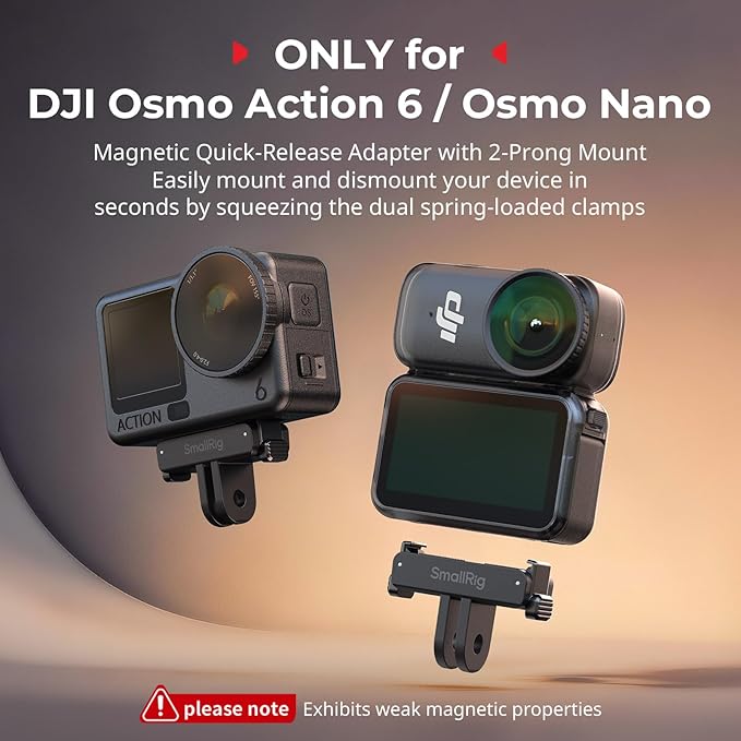 SmallRig Action 6 / Nano Magnetic Quick-Release Adapter Mount for DJI Osmo Action 6 / Osmo Nano, 2 PCS with 2-Prong Mount for Tripod/Selfie Stick