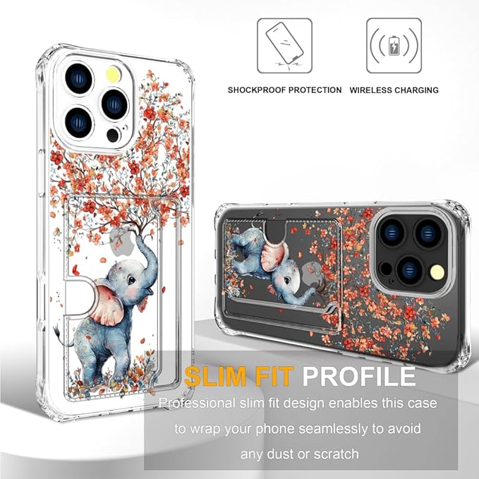 Compatible with iPhone 16 Pro Case Card Holder for Women Cute Design,Wallet Phone Cases Transparent Cool Kawaii Protective (Clear Elephant Creating Flowers)