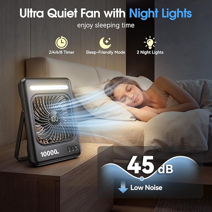 10000mAh Portable Travel Fan, 5 Speeds Strong Wind Cruise Fan with LED Lantern, 24H Runtime Cordless Personal USB Fan, 2/4/6/8H Timer, Ultra-thin Quiet Desk Fan for Camping, Office, Bedroom, Beach