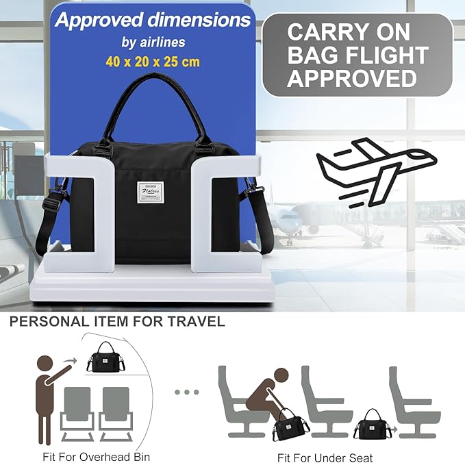 Travel Duffel Bag, 18x14x8 Inches Travel Bag Spirit with Shoes Compartment, Weekender Overnight Bag for Women with Trolley Sleeve, Carry On Bag for Airplanes Sport Tote Gym Bag (Black).