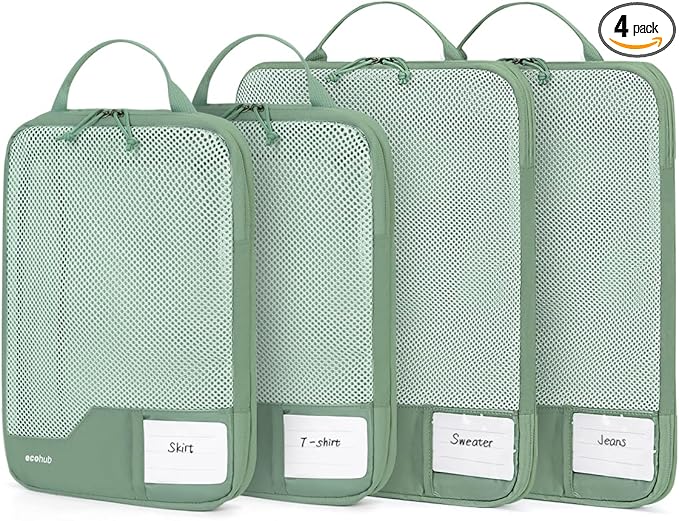 ECOHUB 4 Set Compression Packing Cubes for Travel Essentials, Suitcases Organizer Bags with Tag, Travel Bags Organizer for Luggage, Green-Compress
