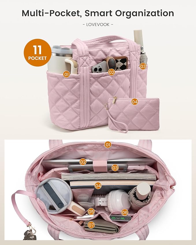 LOVEVOOK Puffer Tote Bag for Women, Puffy Work Handbag with Cup Holder, Travel Carry On Bag with Zipper for Teacher Nurse Gym