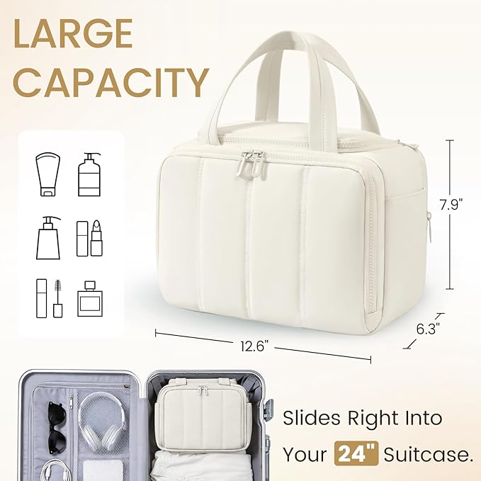 Travel Makeup Bag,Puffy Toiletry Bag for Women,Cosmetic Travel Bag Lightweight,Toiletries Organizer with Trolley Sleeve,White