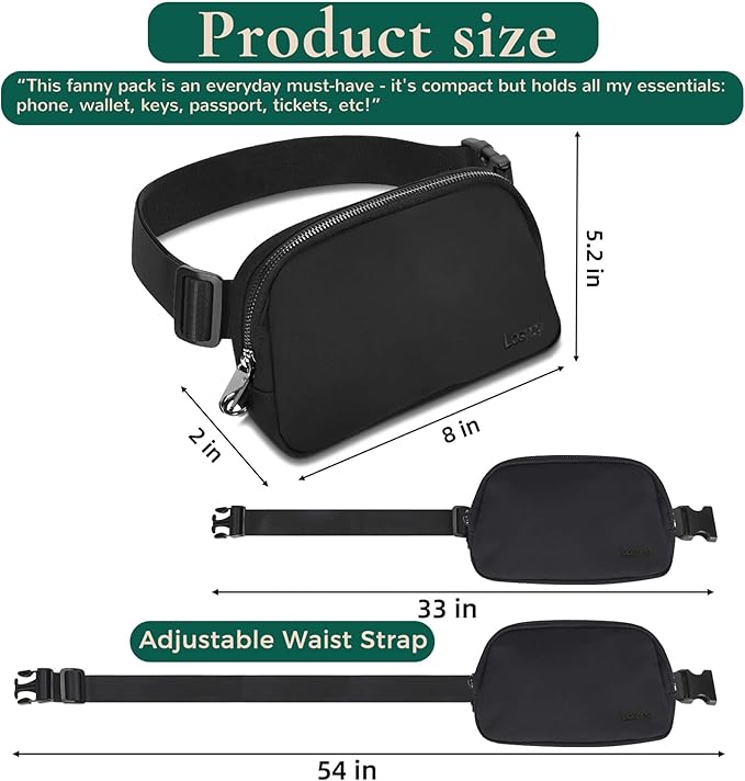 Anti-Theft Fanny Pack for Women & Men, Lightweight Secure Crossbody Waist Bag with Anti-Slip Adjustable Strap for Travel, Hiking, Running, Water-Resistant Belt Bag, Everyday Essentials Organizer Black