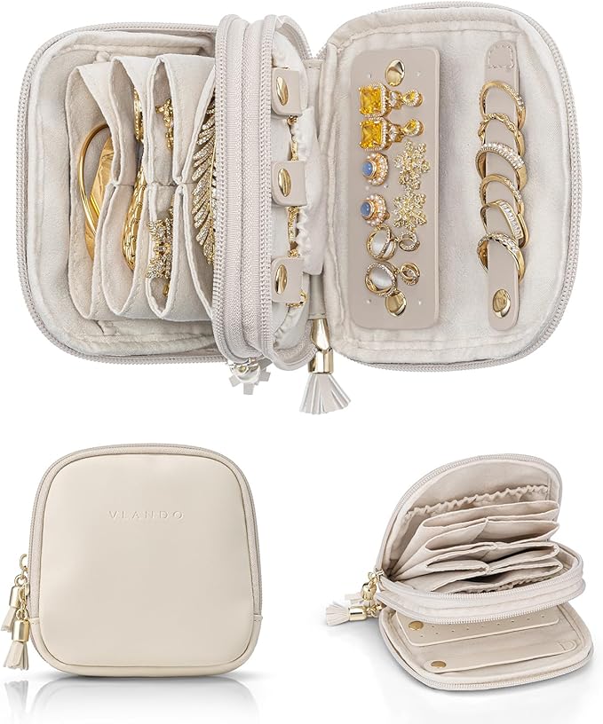 VLANDO Travel Jewelry Case,2-Layer Jewelry Organizer for Travel,Mothers Day Mom Gifts,Multi-Compartment Jewelry Storage for Rings Earrings Necklaces Bracelets-Cream White