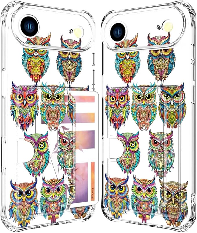 Compatible with iPhone 17 Air Case Card Holder for Women Cute Design,Wallet Phone Cases Transparent Cool Kawaii Protective (Clear Colorful Owls Cartoon)