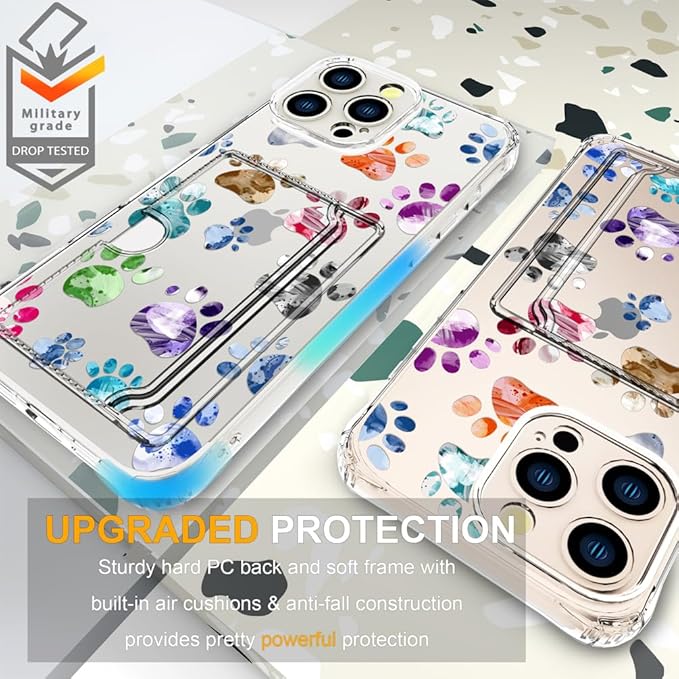 Compatible with iPhone 16 Pro Case Card Holder for Women Cute Design,Wallet Phone Cases Transparent Cool Kawaii Protective (Clear Lovely Dogs Paws)