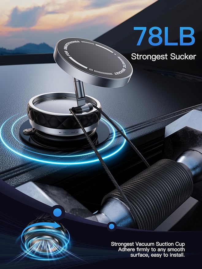 Magnetic Vacuum Foldable Phone Holder - 360°Adjustable, Strong Suction & Nano Adhesive,Alloy Base for Airplane Seatbacks,High-Speed Train Tables,Smooth Surfaces Portable Travel Companion (Black)