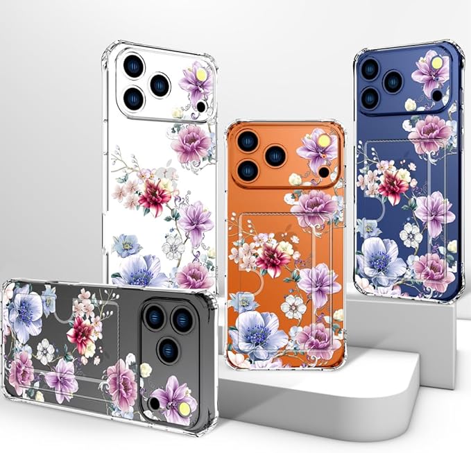 Compatible with iPhone 17 Pro Max Case Card Holder for Women Cute Design,Wallet Phone Cases Transparent Cool Kawaii Protective (Clear Wonderful Large Flowers)
