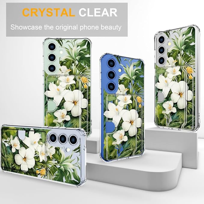 Compatible with Samsung Galaxy S24+ Plus / S25+ Plus Case Card Holder for Women Cute Design,Wallet Phone Cases Transparent Cool Kawaii Protective (Clear Green Flowers Tropical Jungle)
