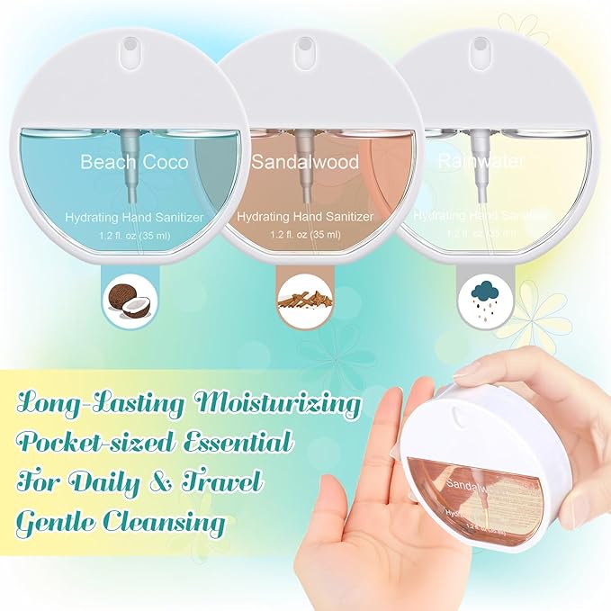 Set of 3 Power Mist Hydrating Hand Sanitizer Spray Travel Size Moisturizing Hand Sanitizer 1.2 Fl. oz Compact Round Spray Bottle Sandalwood Beach Coco Rainwater Scent for Summer Party Gifts