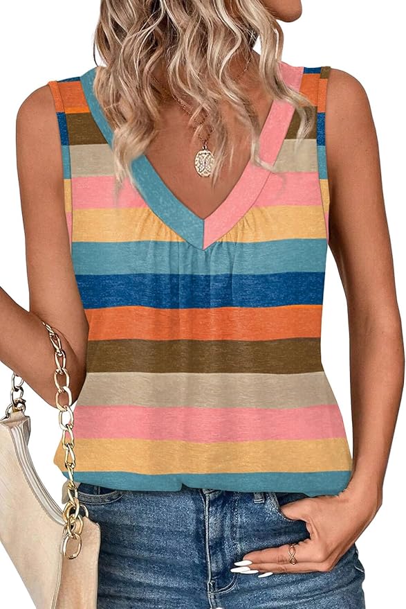 OFEEFAN Tank Top for Women Loose Fit Sleeveless Shirts V Neck Summer Clothes Ruched Women's Tees and Tanks Curved Hem