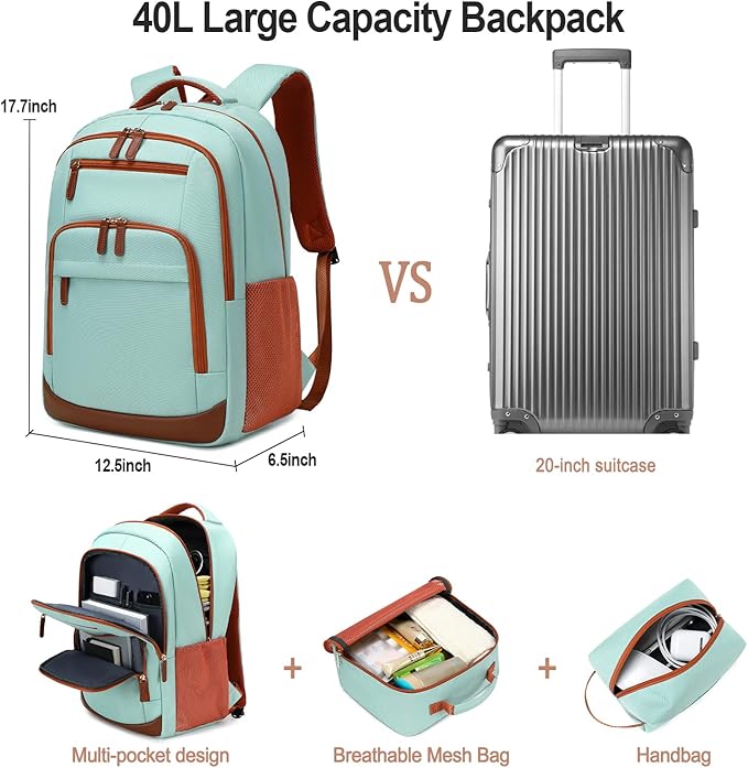 BOVIP Travel Backpack For Men Women,40L Carry On Backpack Flight Approved,TSA Personal Item Travel Bag Fits 17 Inch Laptop,Business Weekender Overnight Daypack Light Green