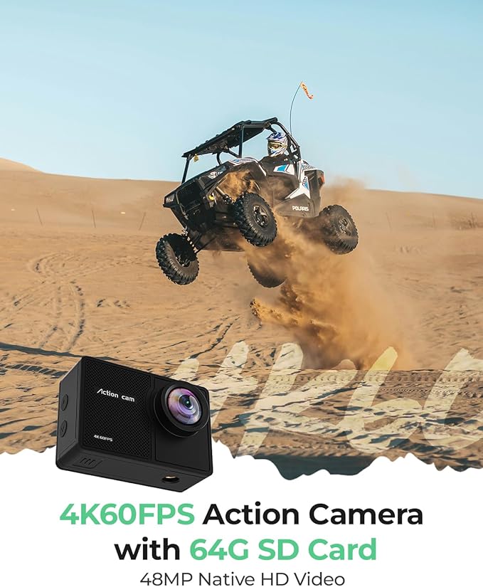 4K60FPS Action Camara Waterproof with 64G Crad- 40M Underwater Camera 170°Angle 48MP Sports Camera with 2.4G Remote Control 2 Batteries Helmet Mount Accessories Kits