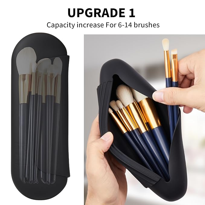 AGIKET Silicone Makeup Brush Holder Travel Cosmetic Bag：Soft Portable Cosmetic Face Brushes Holder with Upgrade Anti-Fall Out Magnetic Closure, Large Travel Makeup Brush Case - Black