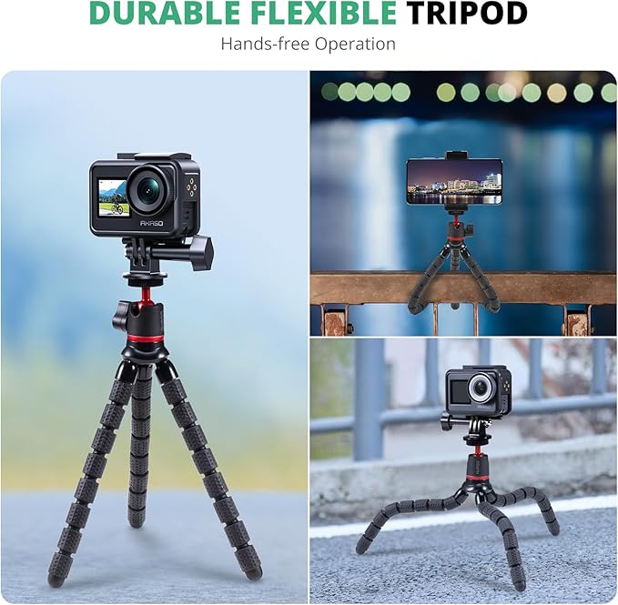 AKASO Action Camera Accessories Kit Compatible with AKASO Action Camera EK7000/Brave 4/Brave 7 LE/Brave 7/Brave 8/V50X/GoPro Hero12/11/10/ 9/8 Max/DJI Osmo Action (Flexible Selfie Stick Tripod)