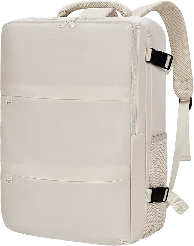 Carry On Backpack for Women & Men – Airline Approved Underseat Size, 15.6" Laptop Compartment, TSA-Friendly 180° Opening, Anti-Theft Business Travel Backpack with Trolley Sleeve (Ivory, Large)