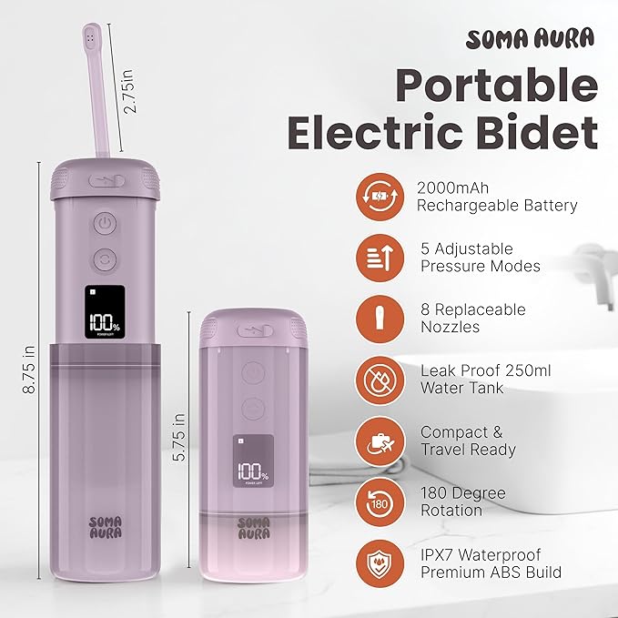 Portable Bidet - 250ml Rechargeable Electric Handheld Bidet with 5 Adjustable Spray Modes, 8 Replaceable Nozzles for Peri Bottle for Travel, Perineal, Postpartum & Post-Surgery Care (Purple)