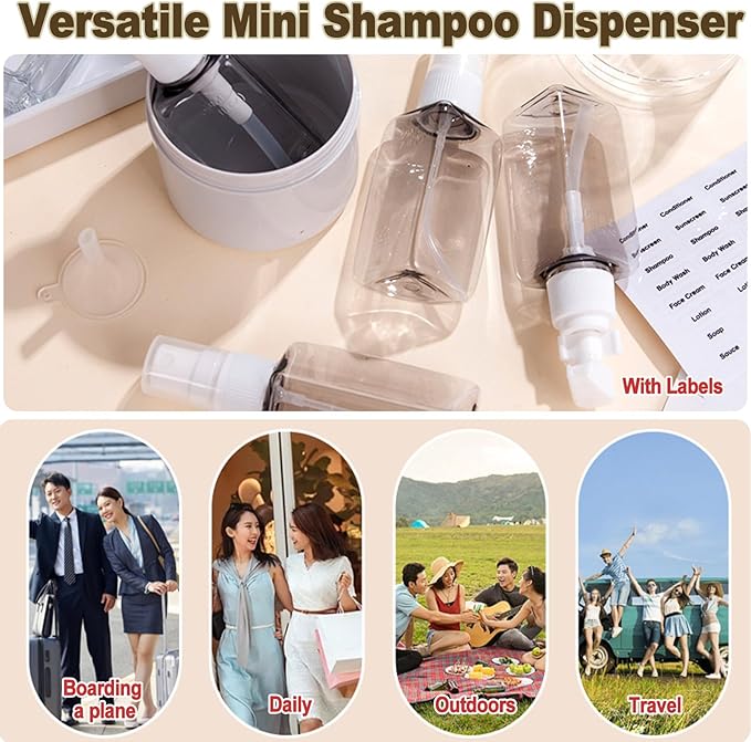 CLOUDEMO Mini Shampoo Dispenser Portable Travel Bottle Set, 2-in-1, 3-in-1, 4-in-1 Mini Dispenser Portable Travel Set, Leak Proof Refillable Travel Containers with Labels (Beige,3 in 1)