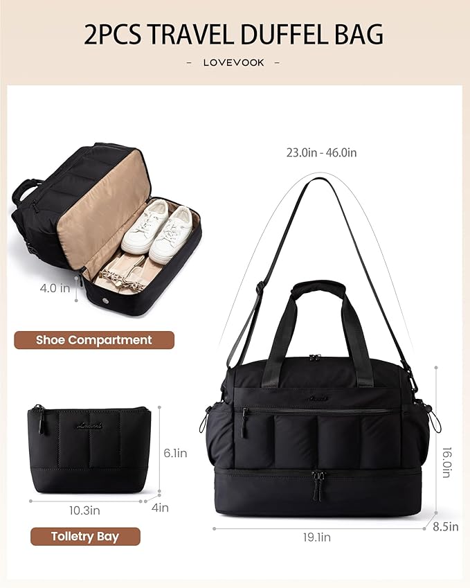 LOVEVOOK Travel Duffel Bag, Weekender Bags for Women, Large Overnight Bags with Shoe Compartment, 47L Carry on Gym Hospital Bag with Wet Pocket, 2 Pcs